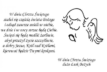 Biała kartka z aniołkiem i życzeniami na chrzest święty